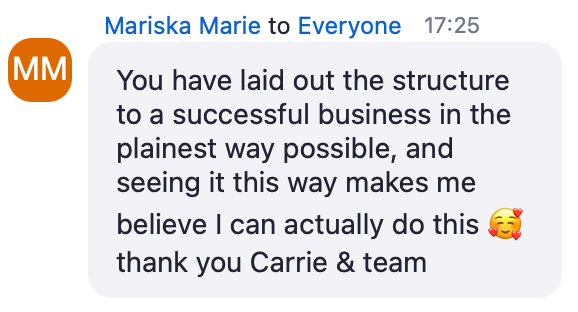 Zoom chat message from Mariska Marie: You have laid out the structure to a successful business in the plainest way possible, and seeing it this way makes me believe I can actually do this thank you Carrie and team