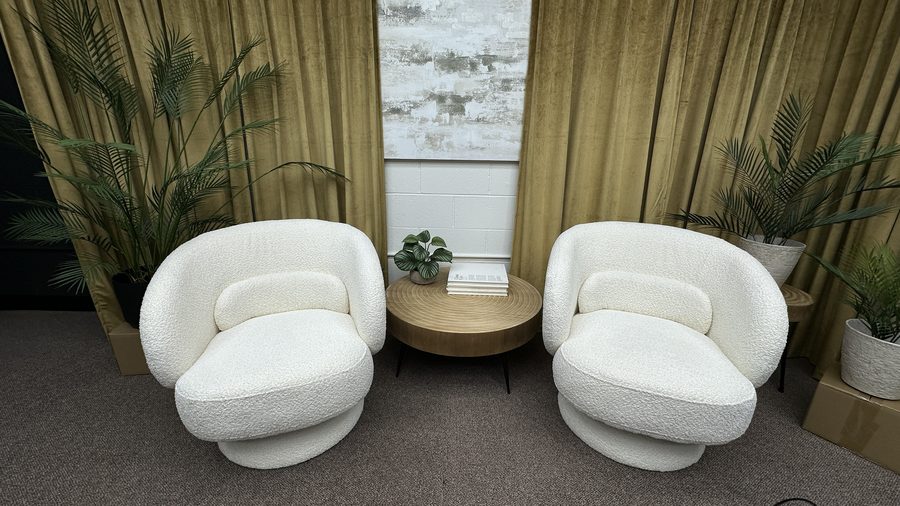 The Hearth — premium conversation recording environment at Podforge Studios