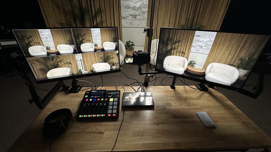 Production desk and multi-camera switching setup at Podforge Studios