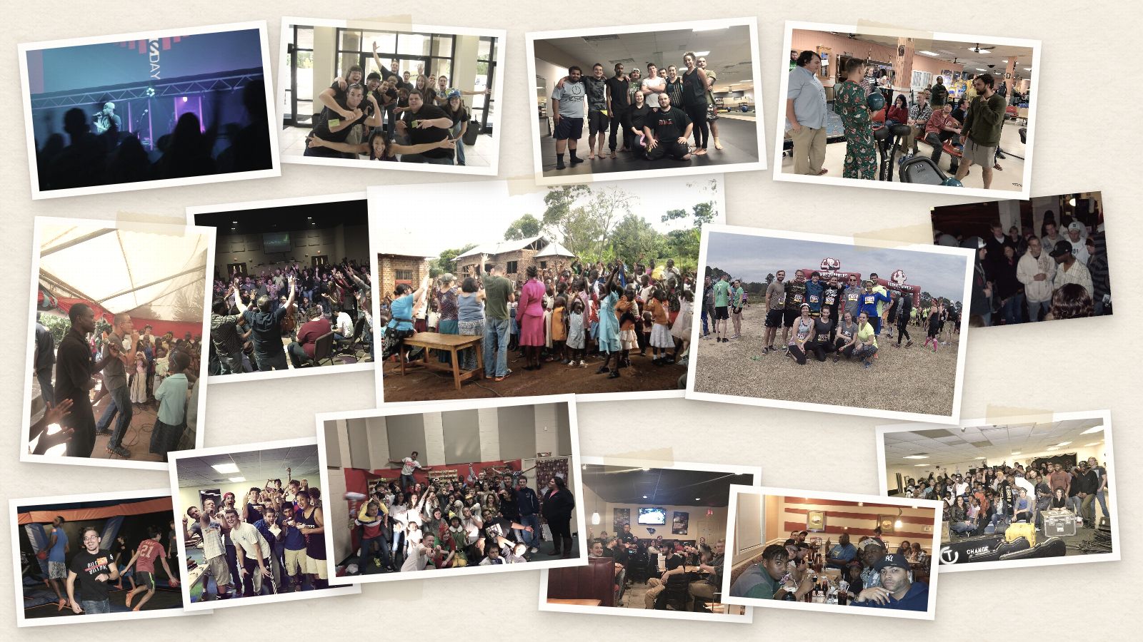 Scrapbook collage of moments from Conrad's years in ministry: worship nights, youth events, mission trips, and time spent with the people he walked alongside