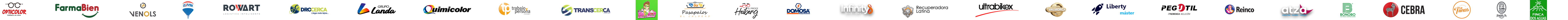 Logos de empresas clientes: Opticolor, Farmabien, Venols, RE/MAX, Rowart, Drocerca, Grupo Landa, Quimicolor, Trabajo y Persona, Transcerca, Crema Helados, El Caldero, Heiberg, Domosa, Infinity, Recuperadora Latina, Ultrabikex, Valmorca, Liberty Master, Pegutil, Reinco, Atza, Bonobo, Cebra, Las Tunas, Beards & Co y Finca Dos Aguas