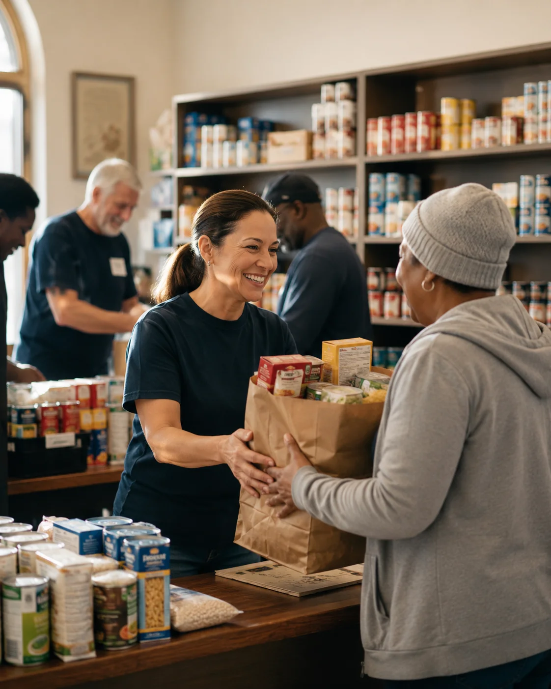 Volunteers distributing food to neighbors at the Restoration Life Pantry