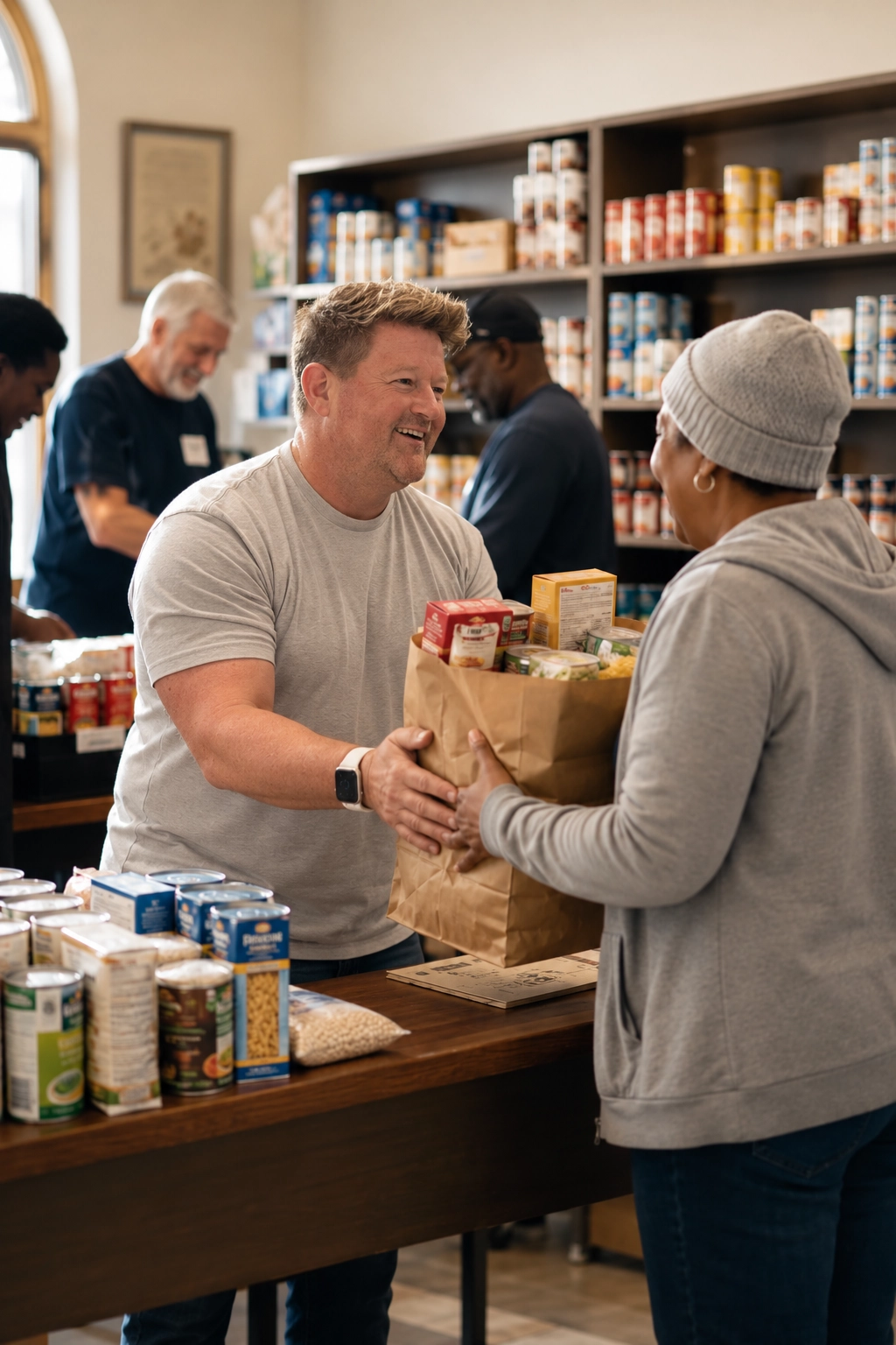 Volunteers distributing food to neighbors at the Restoration Life Pantry