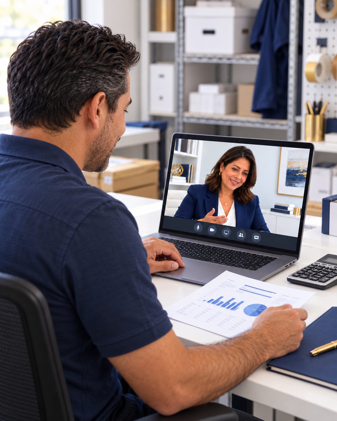Business owner in a virtual advisory meeting, reviewing a financial report