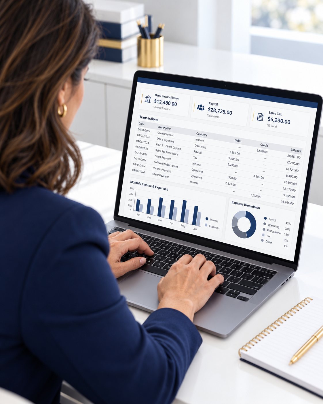 Bookkeeping dashboard on a laptop with bank reconciliation, payroll and sales tax