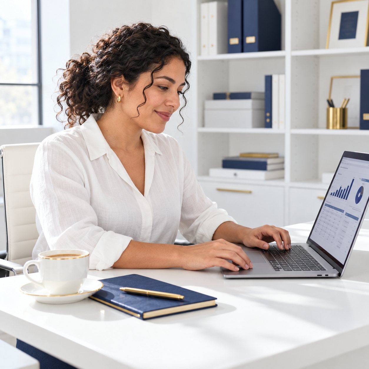 Business owner reviewing a monthly financial report on her laptop