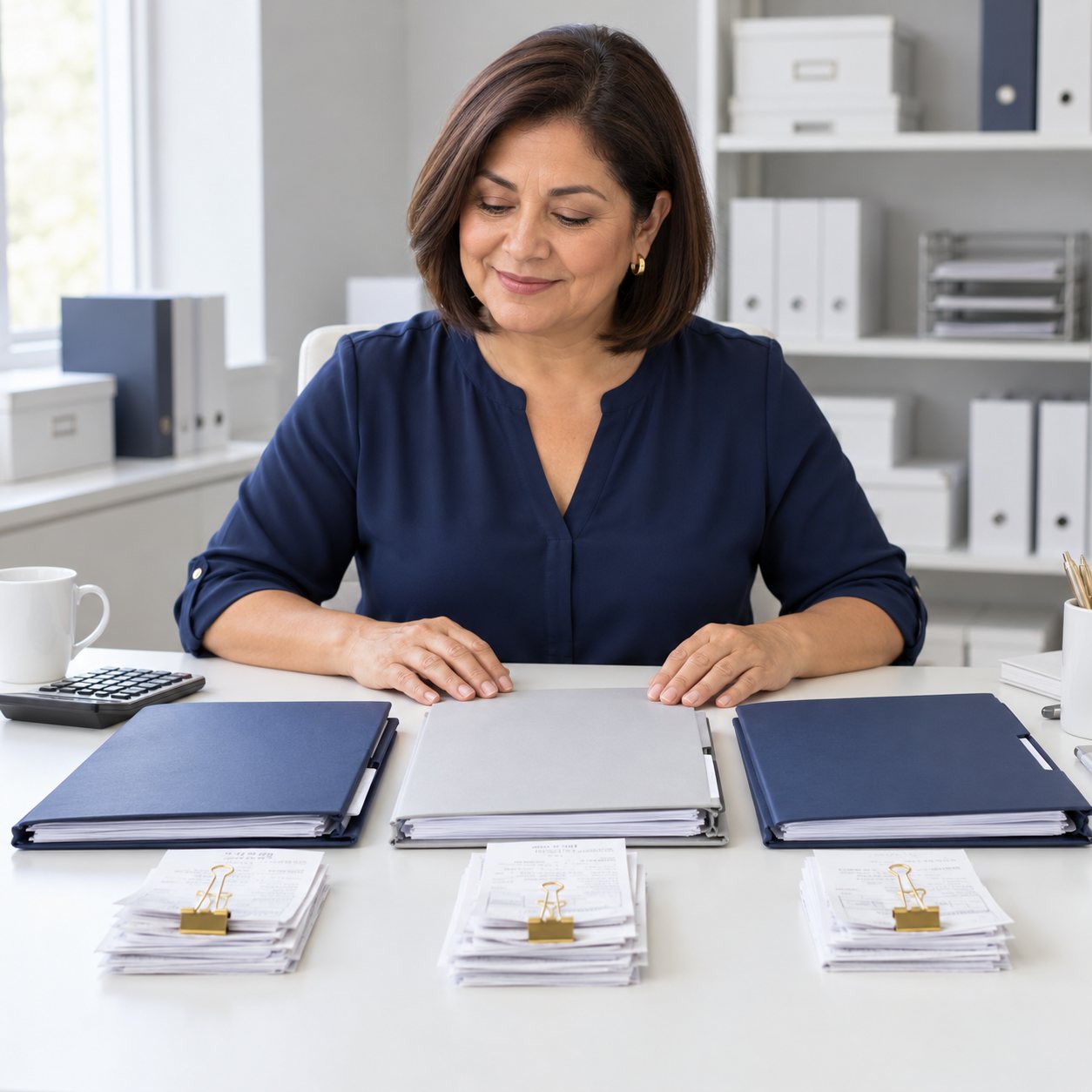 Business owner with receipts and records organized into folders