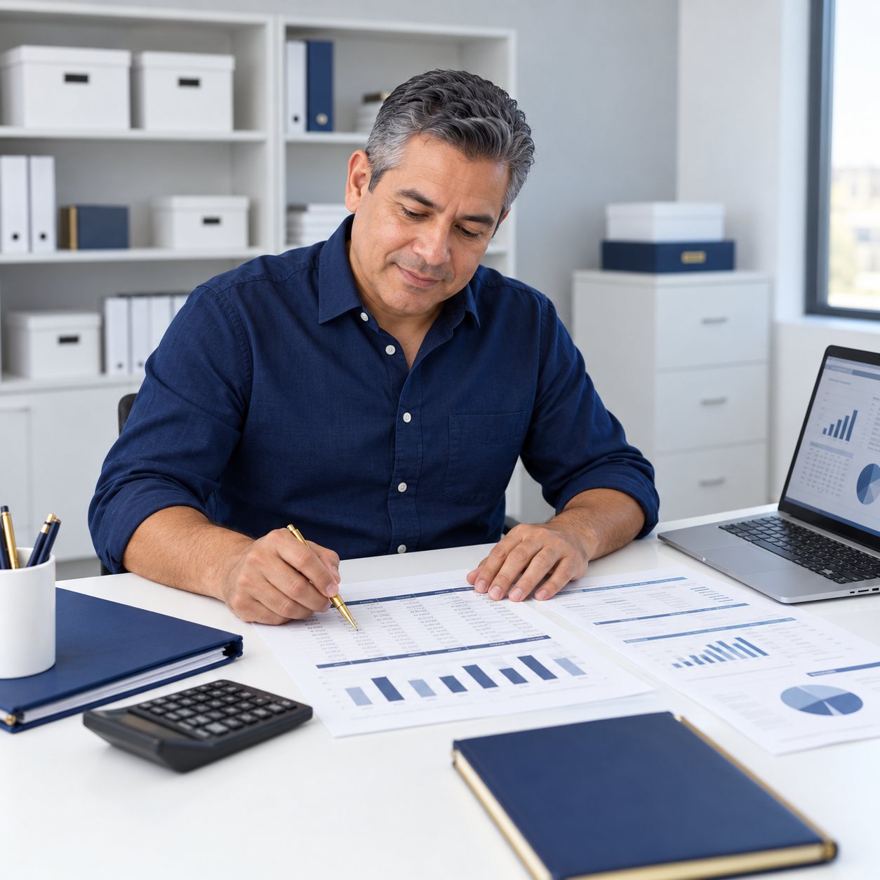 Business owner reviewing financial statements at his desk