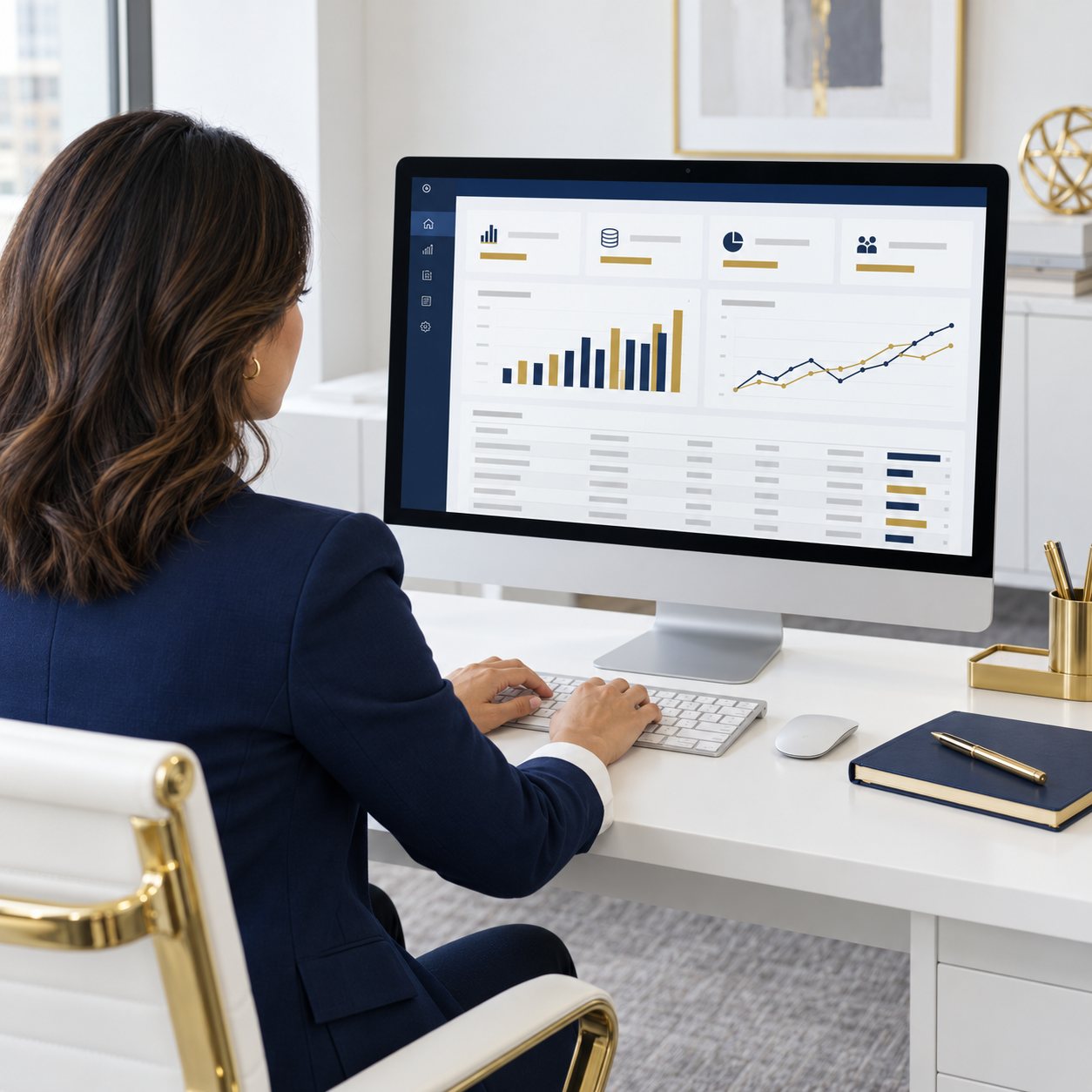 Advisor reviewing an accounting dashboard on a monitor