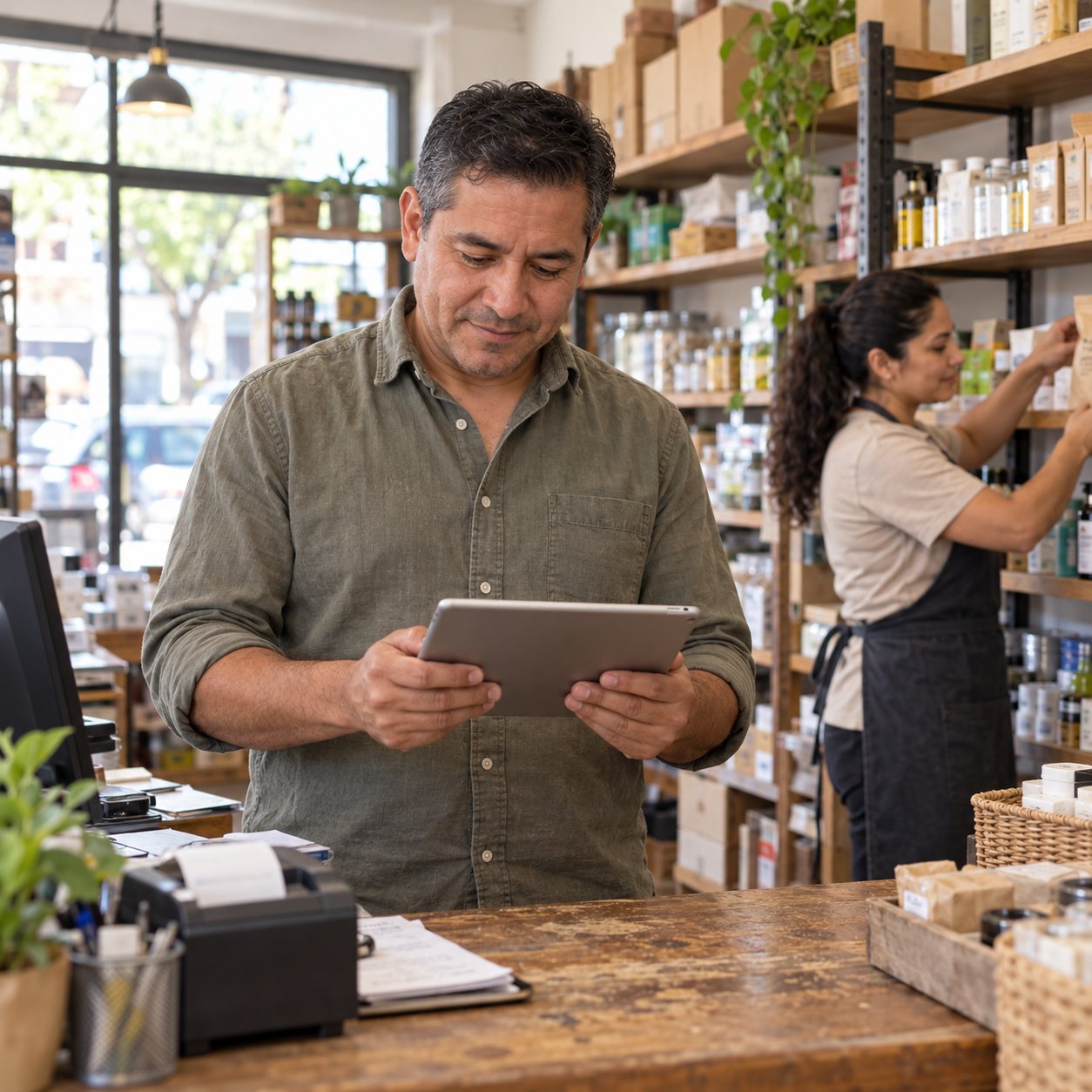 Shop owner reviewing payroll on a tablet while an employee stocks shelves