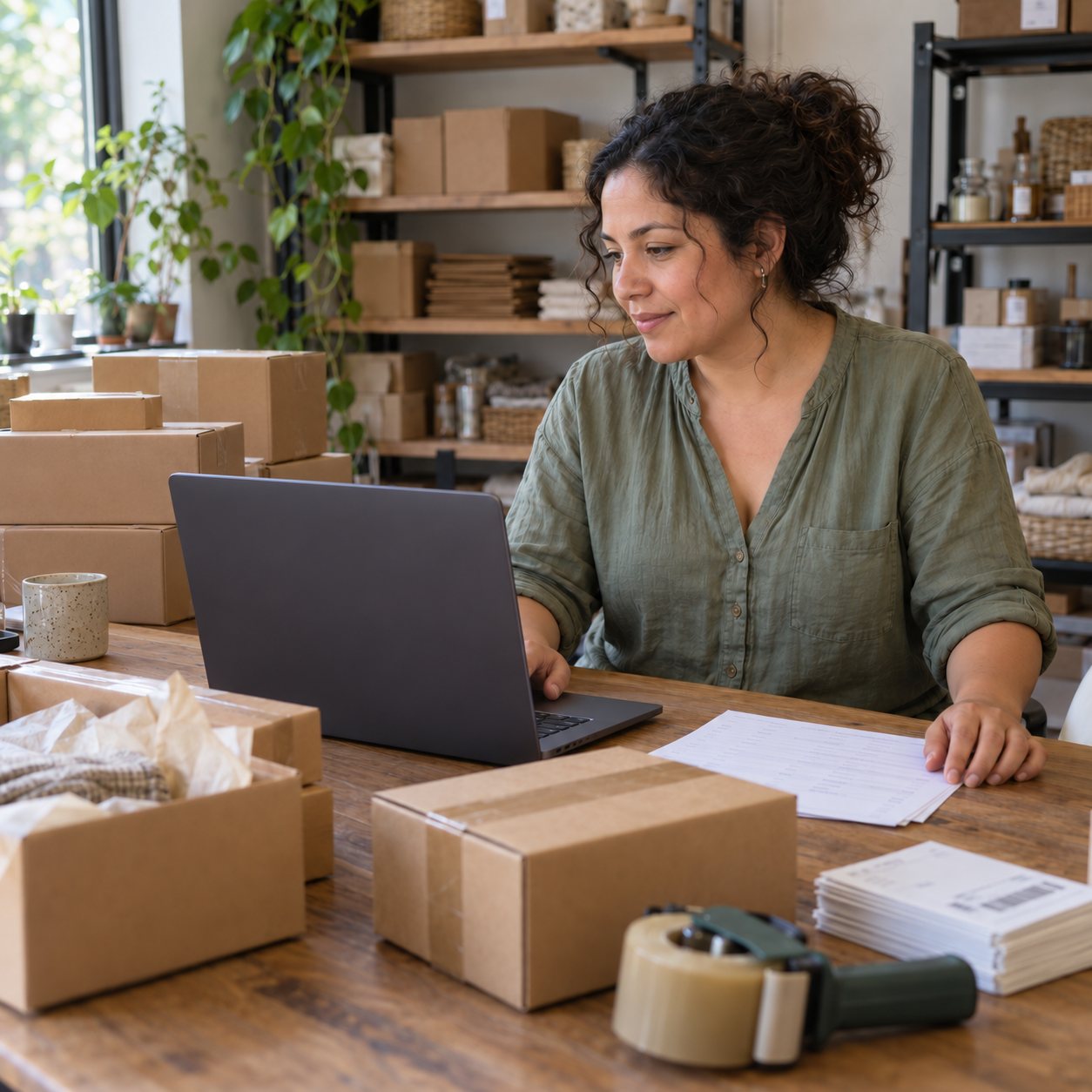 Online store owner reviewing sales on a laptop among packages