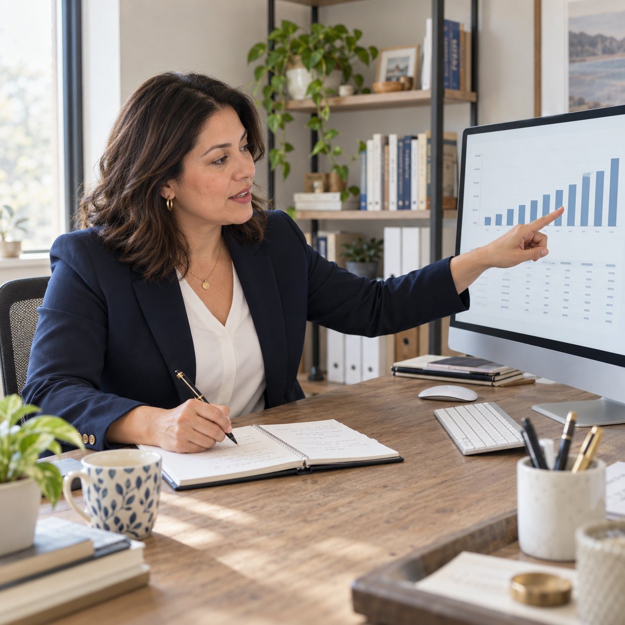 Advisor pointing to a year-end projection while taking notes