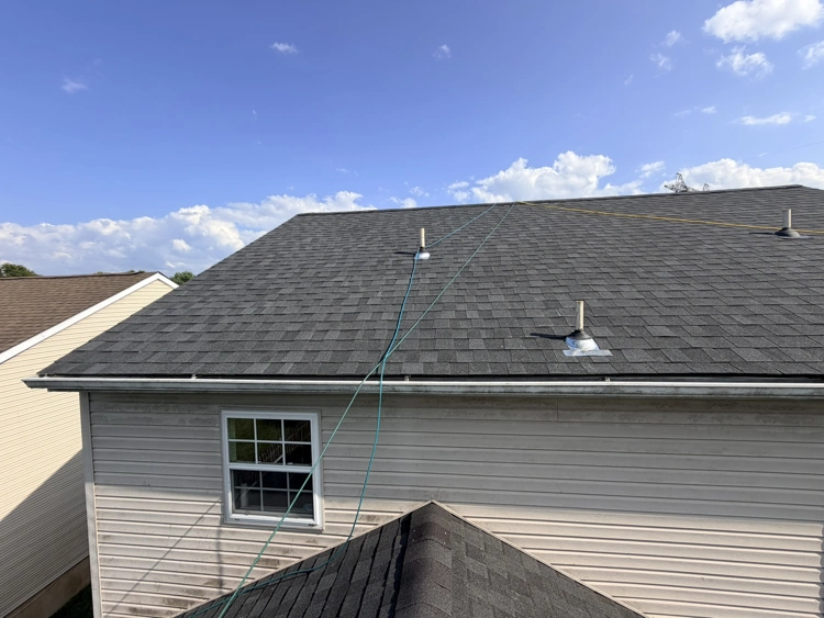 Aerial view of a completed roof replacement