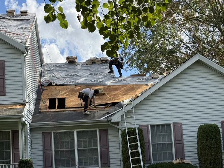 Aerial view of a completed roof replacement
