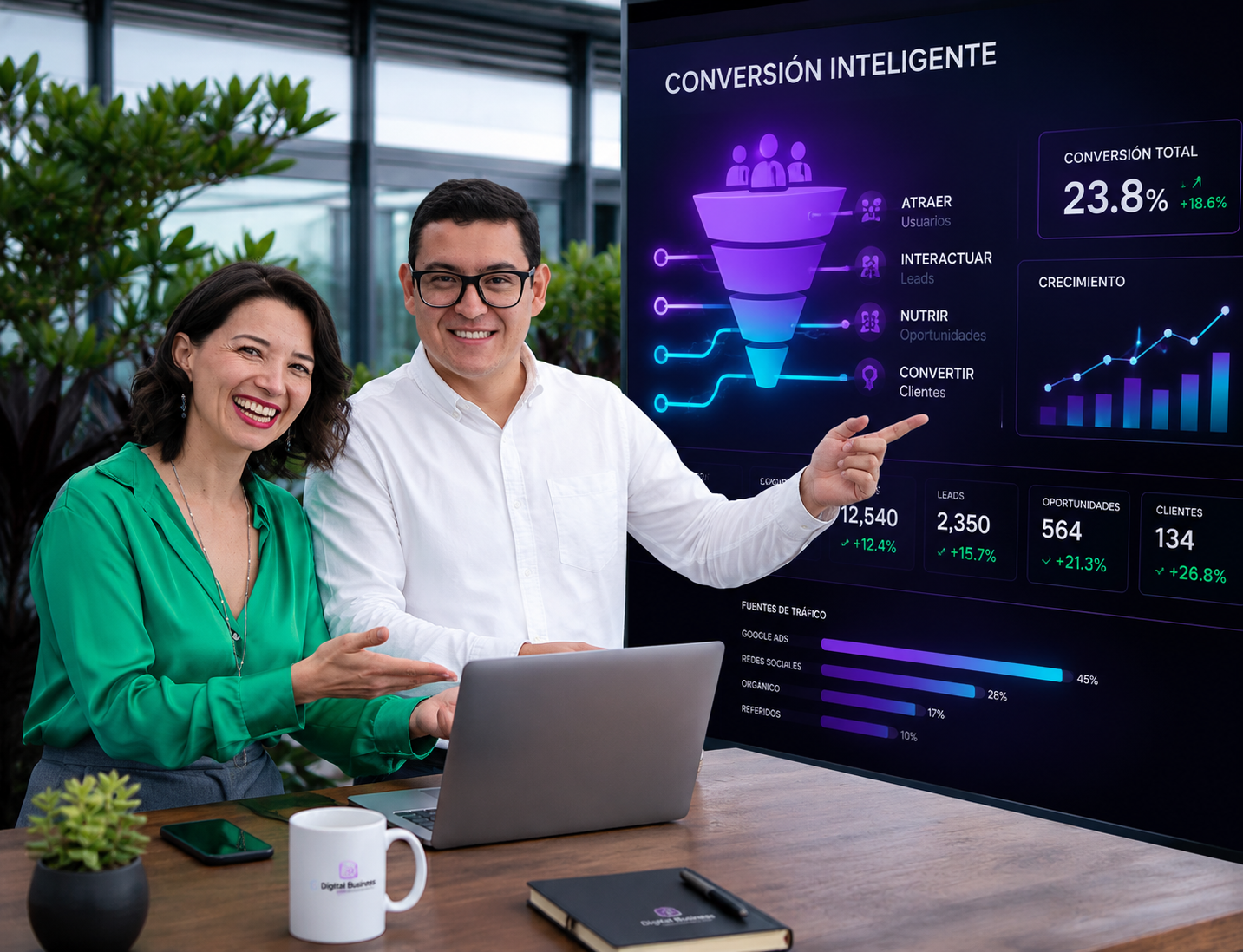 Sistema visual de conversión inteligente con embudo, datos conectados e indicadores de crecimiento