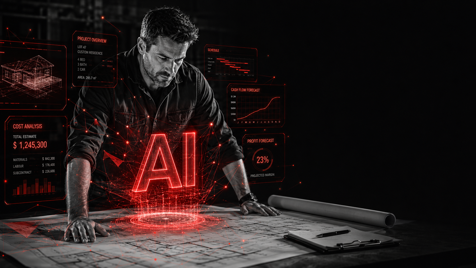 AI Pre-Construction Accelerator: builder reviewing house plans with a red AI data overlay
