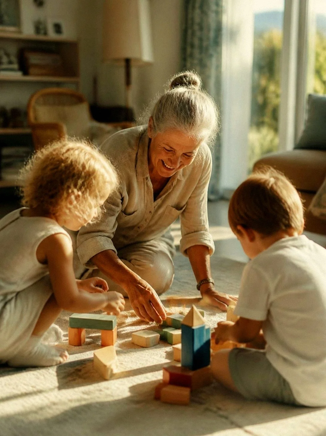 An older woman playing with children and wooden blocks on the floor.