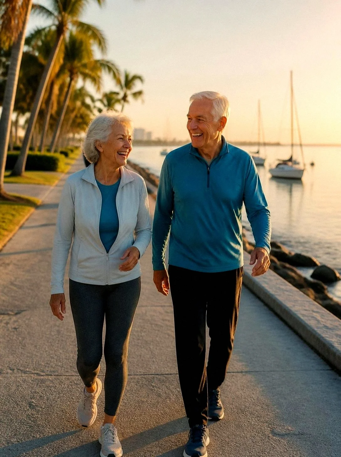 An older couple walking together beside the waterfront.
