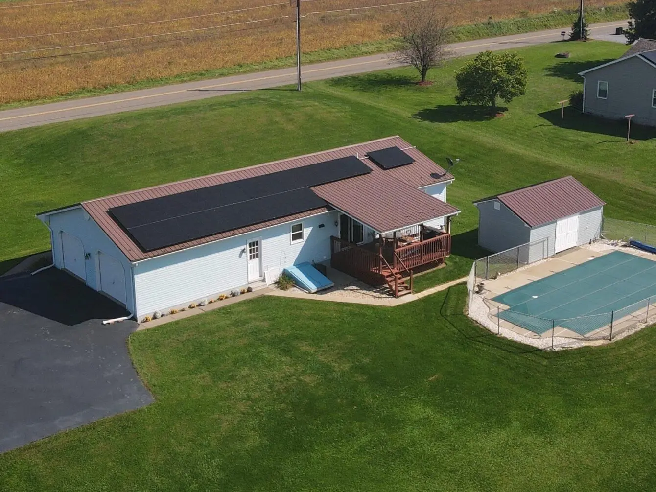 Solar panels on a home viewed from above