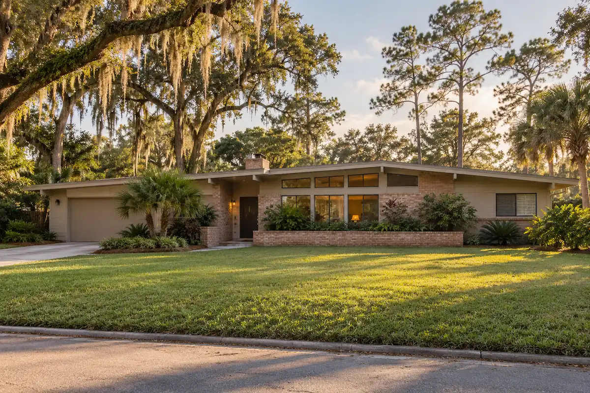 Typical late-1950s mid-century modern ranch with a brick planter in Arlington, Jacksonville, FL