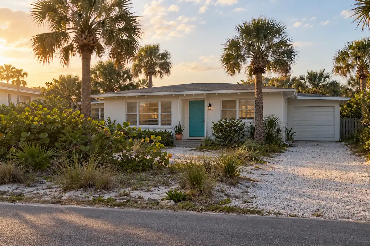 Typical 1960s block beach cottage with a shell driveway and sabal palms near Neptune Beach, FL