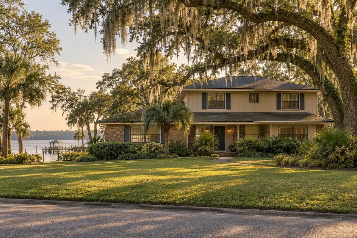 Typical two-story home under live oaks beside the St. Johns River in Mandarin, Jacksonville, FL