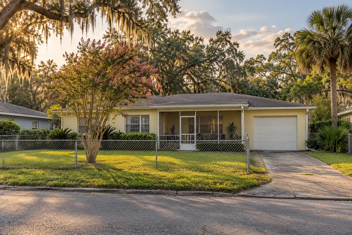Typical 1960s concrete block ranch with a screened porch and chain-link fence on Jacksonville's Westside, FL