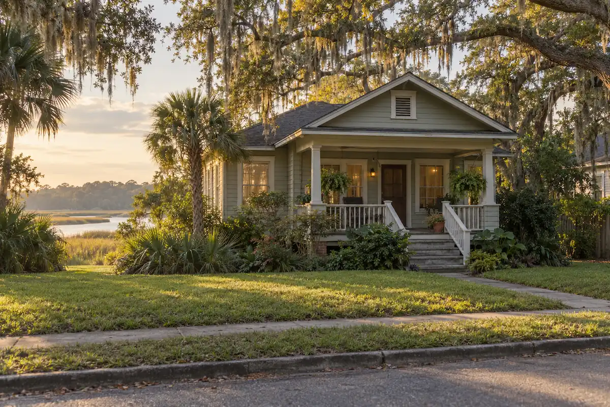 Typical 1940s wood-frame bungalow near the salt marsh on Jacksonville's Northside, FL