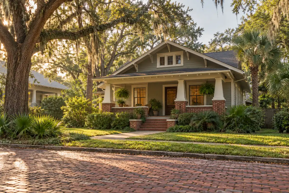 Typical 1920s Craftsman bungalow on an oak-lined brick street in Riverside, Jacksonville, FL