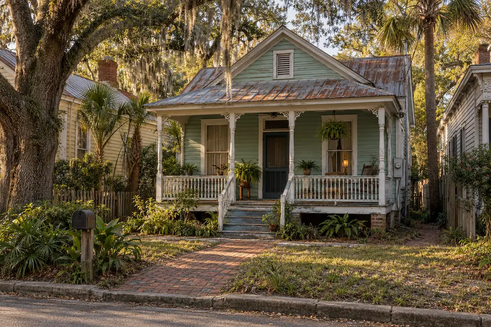 Typical early-1900s cottage with a covered porch in a St. Augustine historic neighborhood, St. Johns County, FL