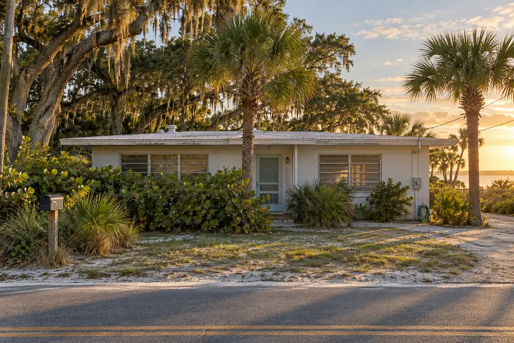 Typical older concrete-block beach ranch home on A1A in Ponte Vedra Beach, St. Johns County, FL