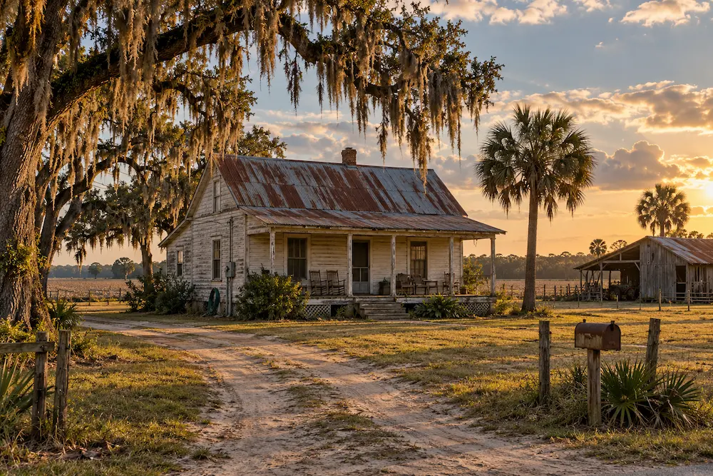 Typical wood-frame farmhouse on acreage with a dirt drive in Hastings, St. Johns County, FL