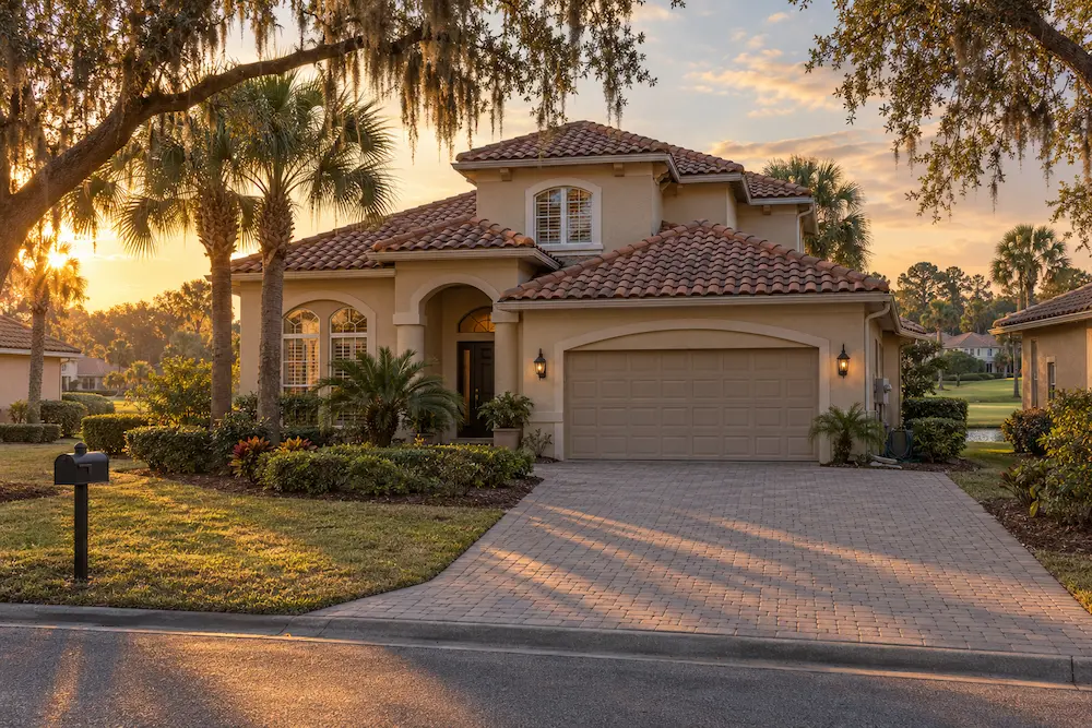 Typical 2000s stucco home with a barrel tile roof in World Golf Village, St. Johns County, FL