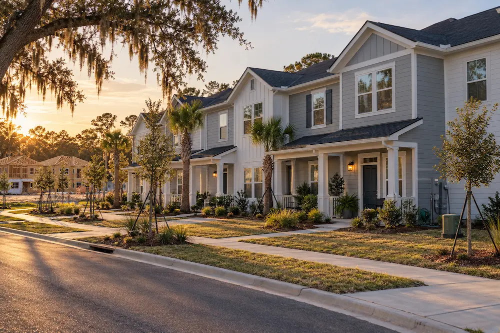 Typical newer townhomes with construction underway behind them in Nocatee, St. Johns County, FL