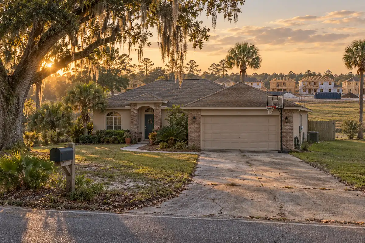 Typical 1990s home on a large lot with new construction rising behind it in Yulee, Nassau County, FL