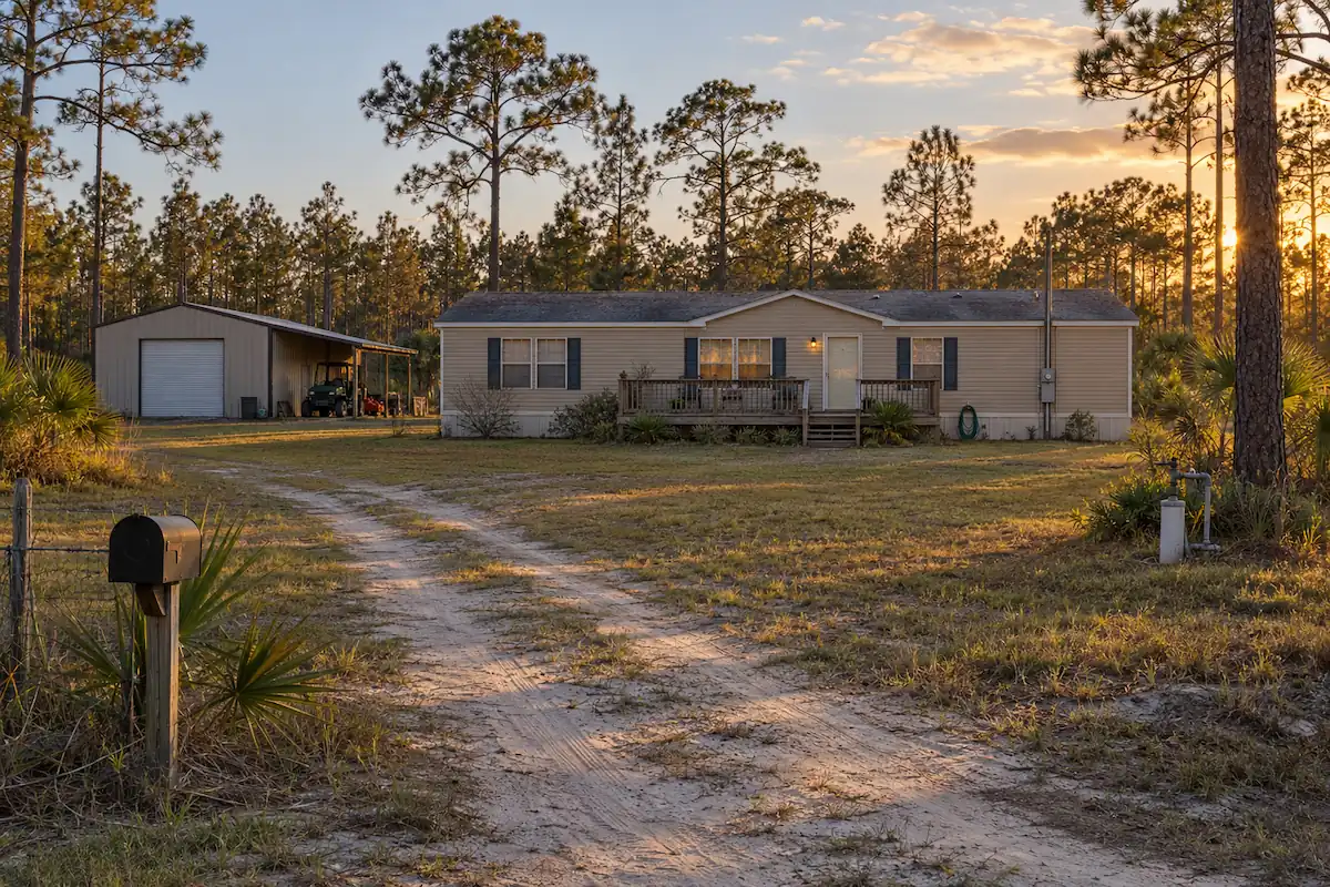 Typical double-wide manufactured home on cleared acreage with a pole barn near Hilliard, Nassau County, FL