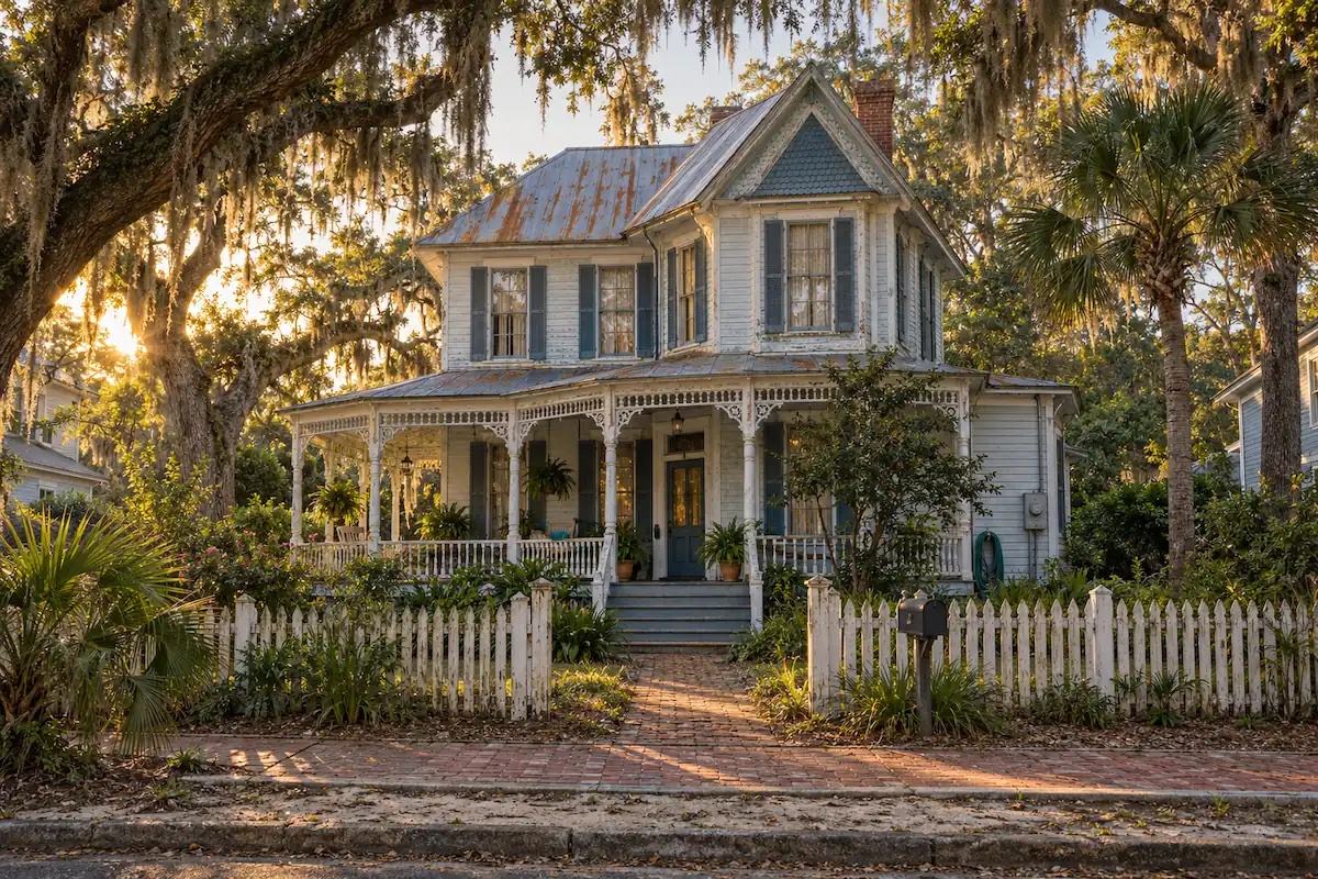 Typical Victorian home with a wraparound porch in the Fernandina Beach historic district, Nassau County, FL
