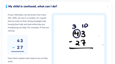 A screenshot of the "My child is confused, what can I do" section. This has text on the left and worked math problems on the right. A screenshot of the "My child is confused, what can I do" section. This has text on the left and worked math problems on the right.