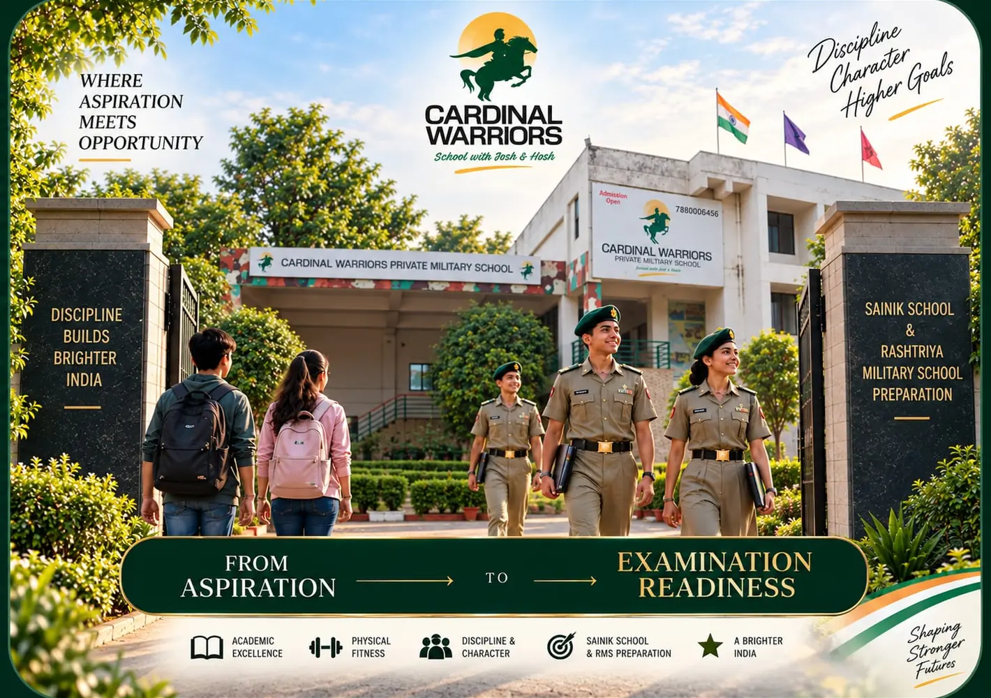 Cardinal Warriors gate with students transitioning into Sainik-style school uniforms
