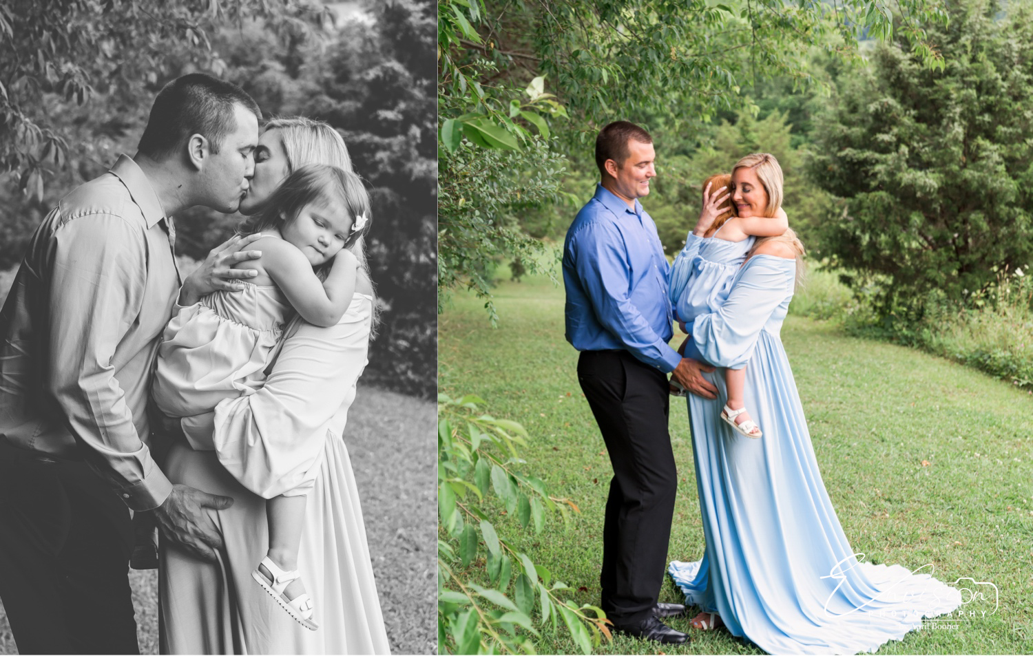 Family sharing a relaxed moment during their Johnson City maternity photos