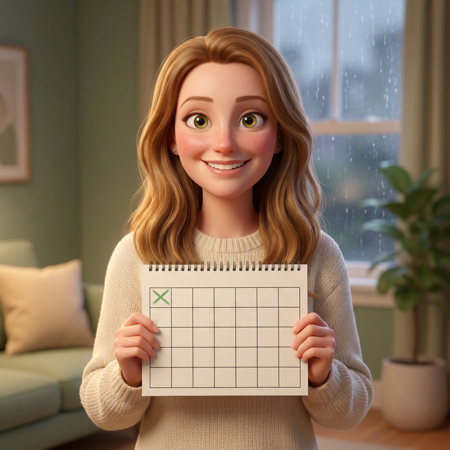 Sarah holding a 28-day calendar