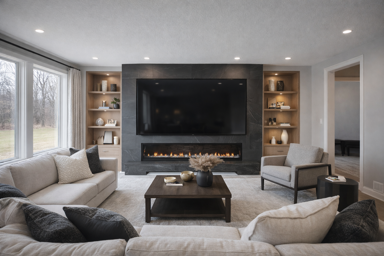 Modern Midwest living room with big screen TV and clean contemporary styling