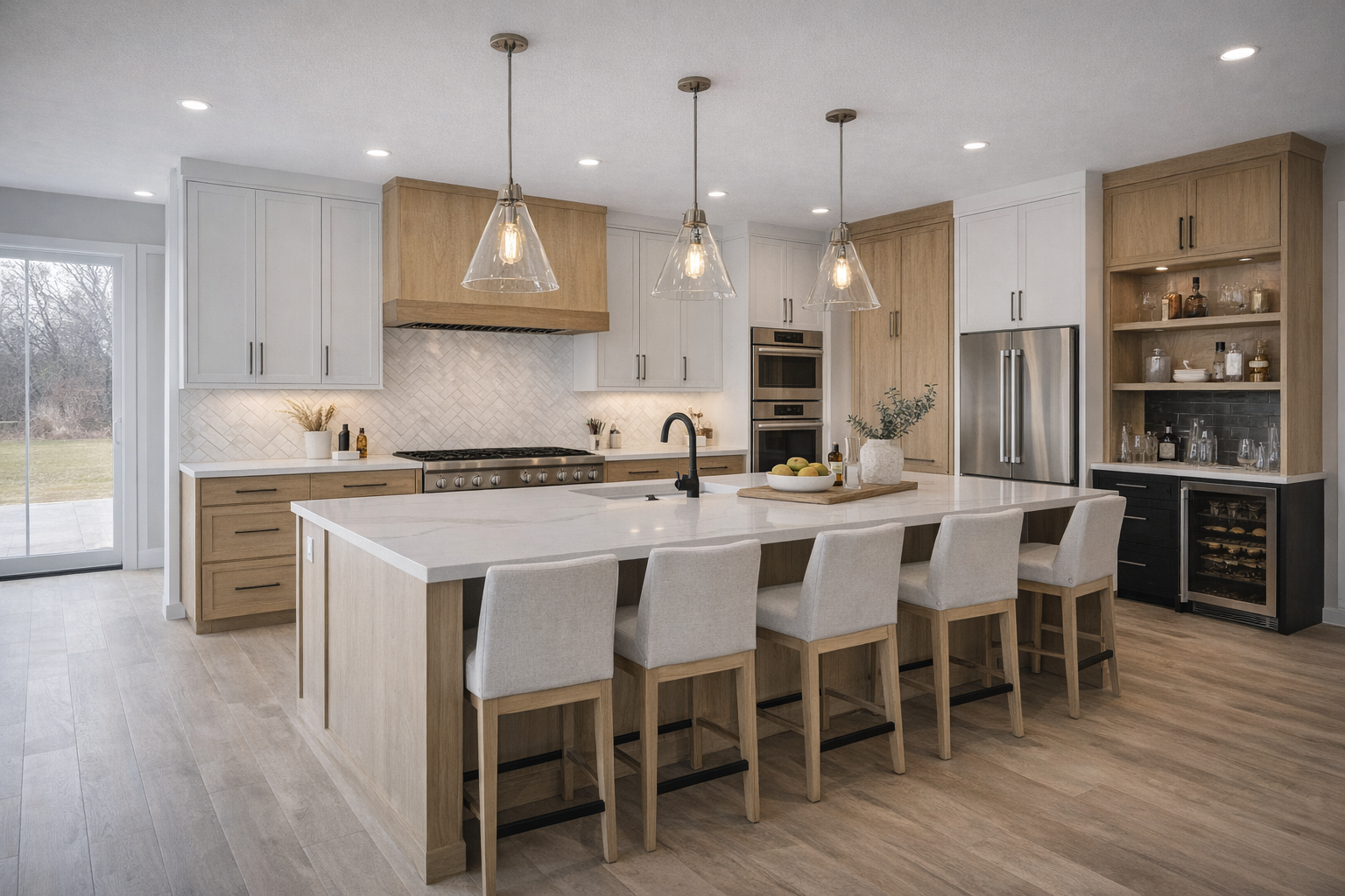 Modern Midwest luxury kitchen remodel with large island and warm wood accents