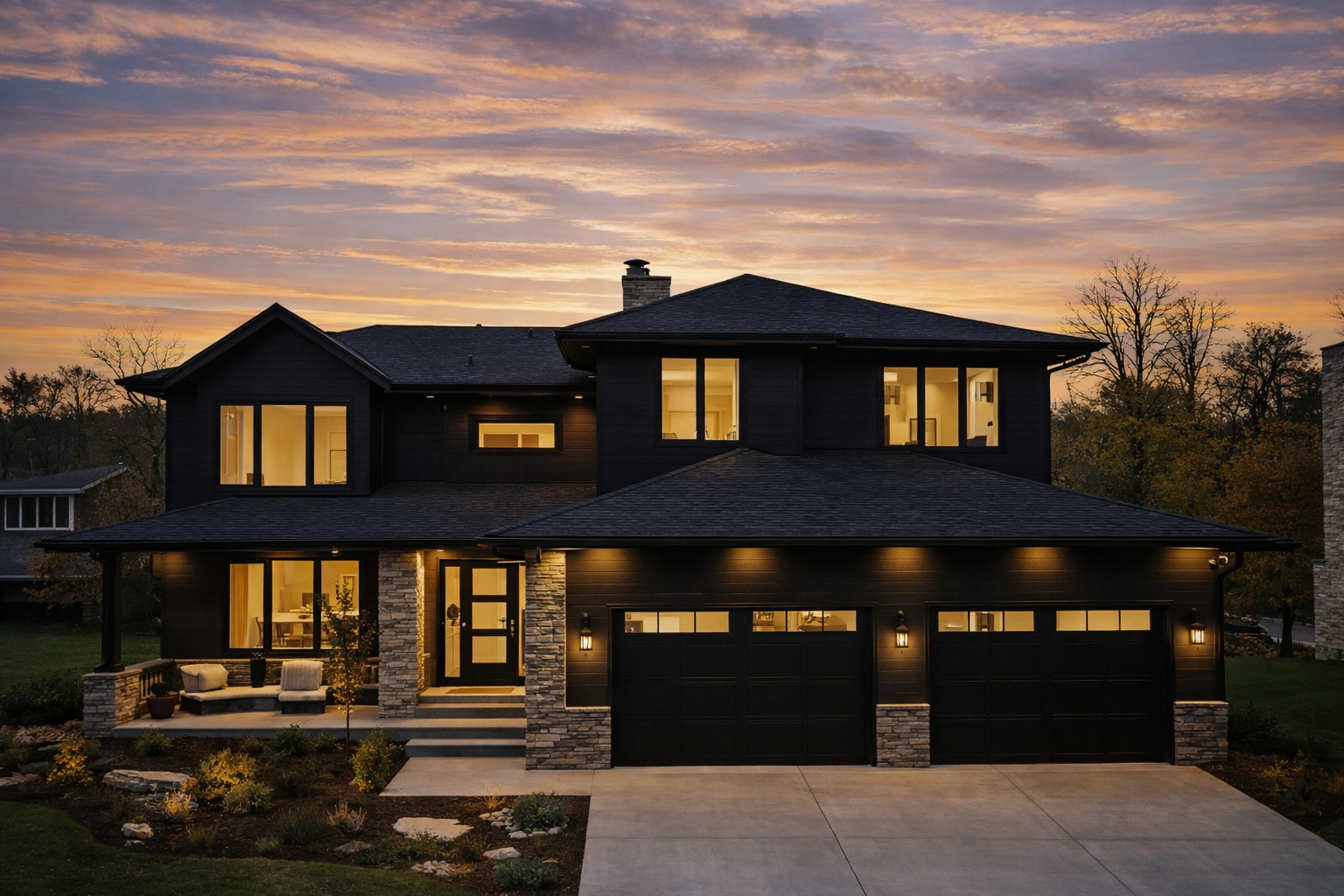 Modern luxury full home exterior at twilight