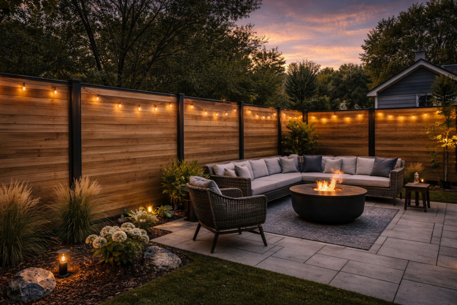 Premium horizontal cedar fence with black accents and backyard lighting