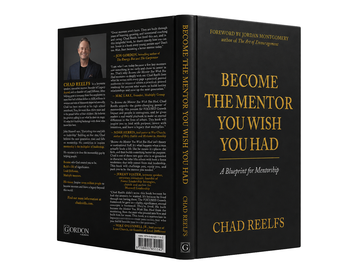 Become The Mentor You Wish You Had by Chad Reelfs, front cover, spine, and back cover with foreword by Jordan Montgomery