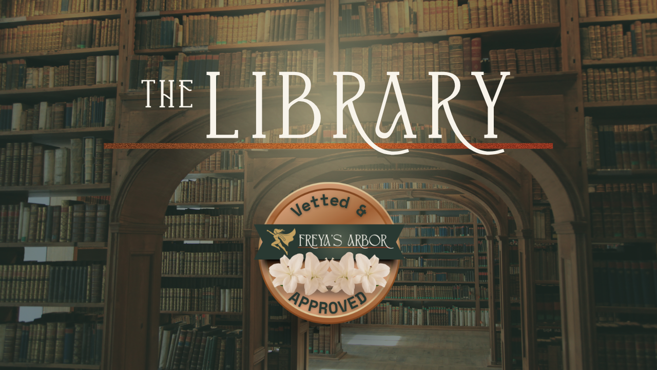 A cozy, atmospheric photo of a classic multi-story library with floor-to-ceiling bookshelves and a rolling ladder. An overlay features 'The Library' in an elegant serif font and a circular seal that says 'Vetted by Freya’s Arbor' with an 'Approved' stamp, highlighting a curated collection of resources for women entrepreneurs.