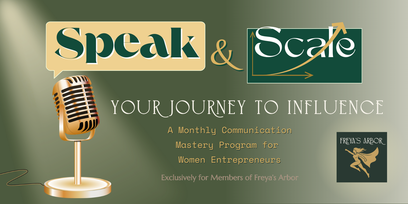 Event graphic for 'Speak & Scale: Your Journey to Influence.' A monthly communication mastery program for women entrepreneurs, featuring a vintage gold microphone and the Freya’s Arbor logo.