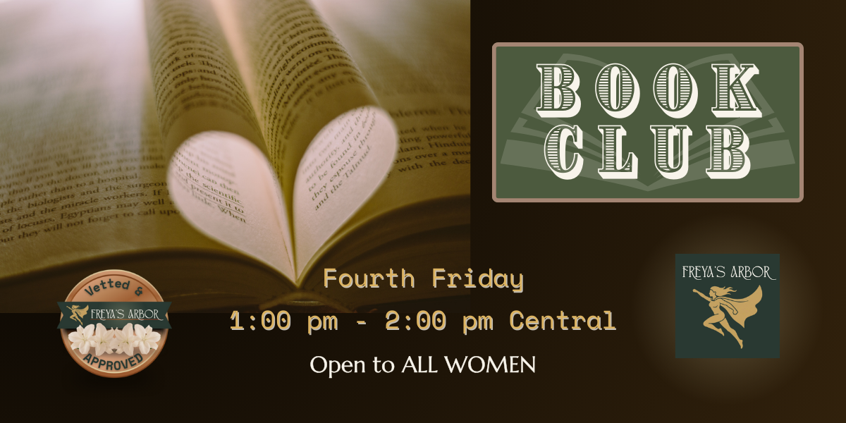 A cozy, atmospheric photo of a classic multi-story library with floor-to-ceiling bookshelves and a rolling ladder. An overlay features 'The Library' in an elegant serif font and a circular seal that says 'Vetted by Freya’s Arbor' with an 'Approved' stamp, highlighting a curated collection of resources for women entrepreneurs.