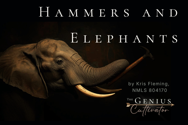 A surreal, sepia-toned image featuring an elephant firmly gripping a wooden hammer with its trunk, poised to strike. To the right, the text 'HAMMERS AND ELEPHANTS' is displayed in a clean, typewriter-style font, reinforcing the theme of intentional tool-use for The Genius Cultivator. A surreal, sepia-toned image featuring an elephant firmly gripping a wooden hammer with its trunk, poised to strike. To the right, the text 'HAMMERS AND ELEPHANTS' is displayed in a clean, typewriter-style font, reinforcing the theme of intentional tool-use for The Genius Cultivator.